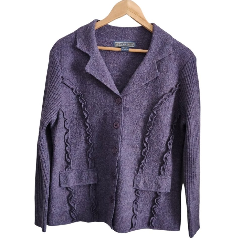 Herman Geist Vintage Pure Wool Collared Button Sweater Cardigan Purple Small